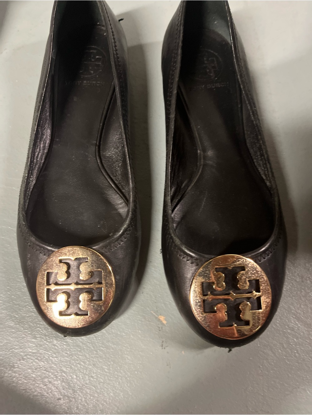 Tory Burch Black Leather Flats with Gold Logo Discs